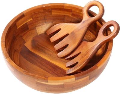 China Sustainable acacia wood bowl, large wooden salads, fruit bowl with salad hand 2pcs for sale