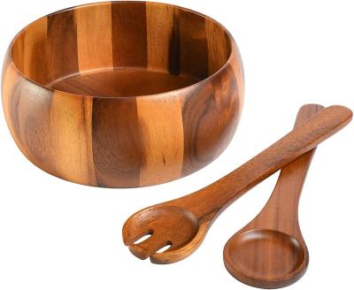 China Sustainable Acacia Wood Salad Bowl With Servers Set Solid Hardwood Wooden Salad Bowl With Spoon For Fruit Salads for sale