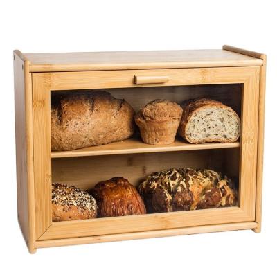 China 100% Freshness Preservation 2 Layer Bamboo Bread Box Food Storage Bin With Front Window Bread Holder Clear For Kitchen for sale