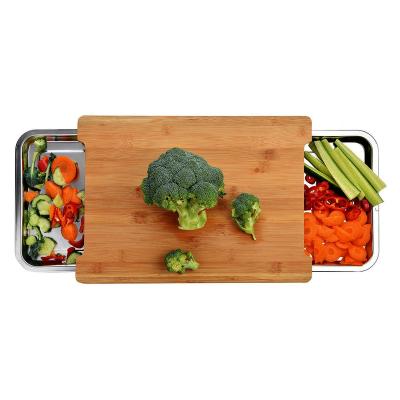 China Viable Wholesale Bamboo Wooden Cutting Board Set With Durable Stainless Steel Container Cutting Plates For Kitchen for sale