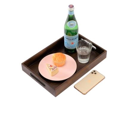 China Home Hotel Restaurant Classic Large Square Black Acacia Walnut Wooden Serving Tray with Handles for Coffee or Breakfast in Bed for sale