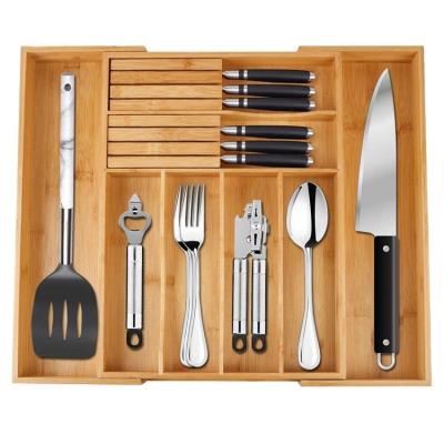 China Sustainable Expandable Bamboo Cutlery Tray For Utensil Holder Wooden Foldable Kitchen Drawer Organizer for sale