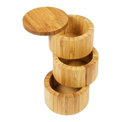 China Delicate Eco-Friendly Unique Bamboo Countertop 3-Tiered Spice Storage Box With Rotating Removable Lid for sale