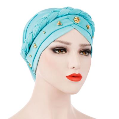 China New Spring and Autumn Muslim Silk Monochrome Cotton Muslim Hat Milk Headscarf Beaded Whip Hijab for sale