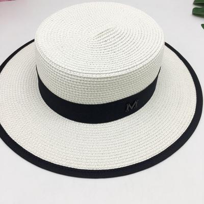 China Yiwu Factory Sale Lady Elegant Paper Straw Flat Top White Wide Brim Straw Hat Beach Striped Warm Hat for sale