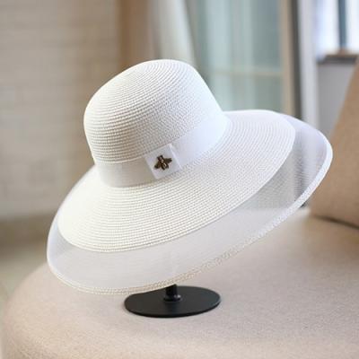 China Elegant Wide Bee Sun Straw Bucket Hat Women Image Herben Hat Vintage Brim Summer Beach Wide Bee for sale