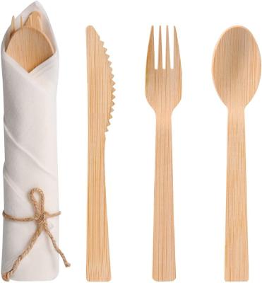 China Disposable Hot Sale Biodegradable Pre-Rolled Napkin and Fork Spoon Knife Bamboo Cutlery Set for Catering Events for sale