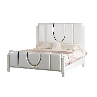 China Pearl White Platform Bed Upholstered High Grade Leather Upholstered Frame With Soft Headboard Footboard for sale