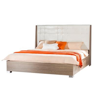 China Dongguan Modern Upholstered Wooden Upholstered Platform King Size Bed Frame With Soft Leather Headboard for sale