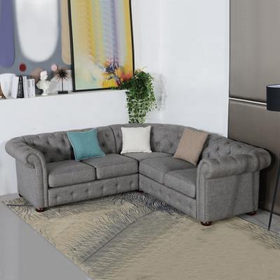 China Modern Convertible Furniture Gray Couches Luxury Tufted Upholstered Dark Chesterfield Corner Sofa Living Room Set for sale