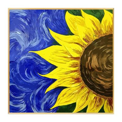 China Yellow Blue Wall Art Framed Flower Painting Environmental Materials Sunflower Oil Painting Living Room Canvas Ready To Hang for sale