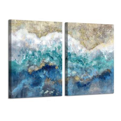 China Blue Abstract Seascape Oil Painting With Gold Leaves Outline Artwork For Desktop for sale