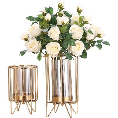 China Hot Sale Metal Stand Flower Vase Modern Light Luxury Crystal Clear Glass Vase For Wedding Decor Candle Holder Eco-friendly for sale