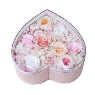 China Real Rose Wholesale Handmade Exquisite Heart preserved romantic shaped roses flowers in acrylic boxes girls gifts for sale