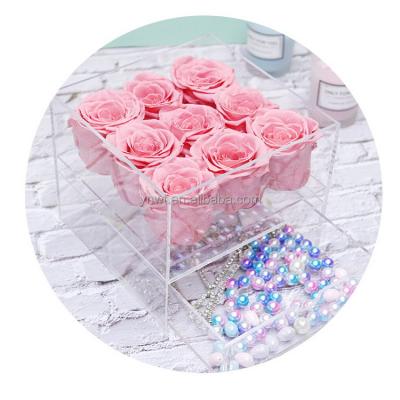 China Natural Fresh Rose With Stem Natural Lucite Valentine's Day Small Lucite Customized Flower Box Square 9 Acrylic Small Roses Box for sale