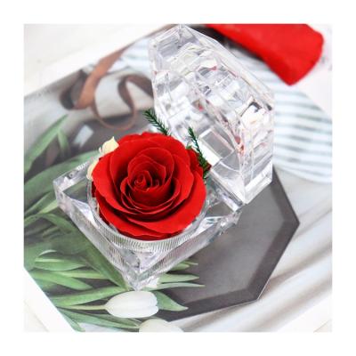 China Wholesale Preserved Acrylic Gift Rose Box Rose Flower Head Acrylic Ring Box With Single Rose For Valentine for sale