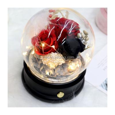 China Natural Fresh Stem Rose LED Dried Rose Flower Preserved in Glass Dome with Speaker as Gift Straw Fiber Base Mothers Day Birthday Valentine for sale