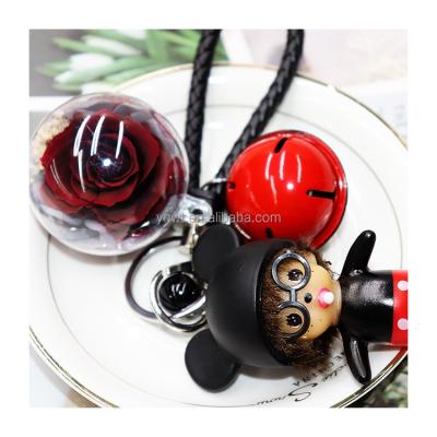 China Romantics Fashion Preserved Flower Rose Flower Fur Ball Fresh Preserved Flower Leather Key Chain for sale