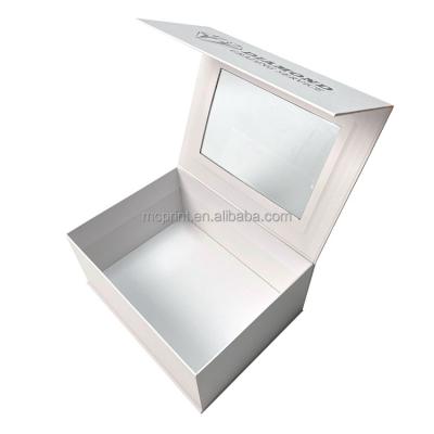 China Custom Packaging PVC Flip Top Window Black Rigid Cardboard Magnetic Closure Square Gift Box With Clear Lid for sale