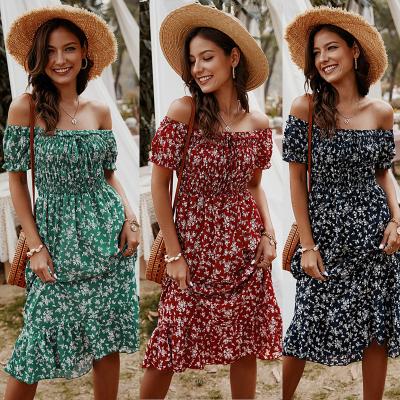 China Women Summer Short Sleeve Ruffle Floral Print Casual Dress Breathable Off Shoulder Bohemia Dress for sale