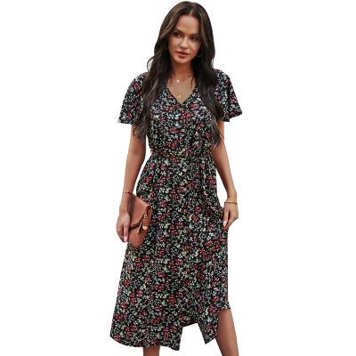 China Anti-Static Ladies Short Sleeve Floral Dress Fashion Women Casual Boho Dress for sale