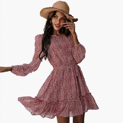 China Summer Anti-Static Women's Casual Loose Round Floral Chiffon Elegant Slim Dresses Long Sleeve Neck Dresses for sale