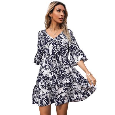 China New Arrival Summer Breathable Casual Sexy Backless Trumpet Print Half Sleeve Waist Ruffle Short Dresses For Women for sale