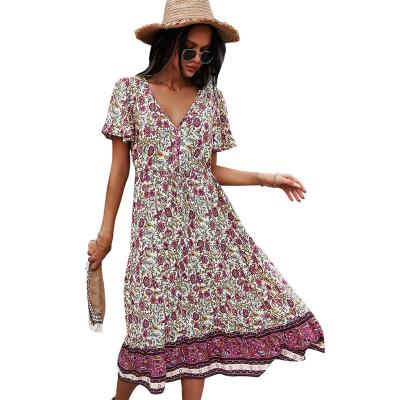 China 2021 Summer Anti-Static V-neck Short Sleeve Dresses Printed Floral Women Bohemia Long Dress for sale