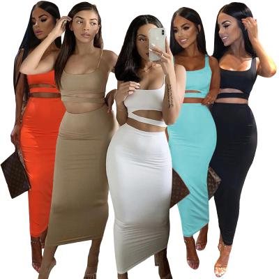 China New Arrival Stylish Hollow Out Breathable Cropped 2 Piece Bodycon Long Skirt Suit Women's Outfits Midi Bandage Dress for sale