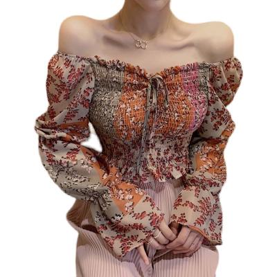 China New Arrvial Anti-Wrinkle 2021 Spring Women's Floral Shirt Lace Up Sexy Ruffle Off The Shoulder Crop Blouse Boat Neck Top Top for sale