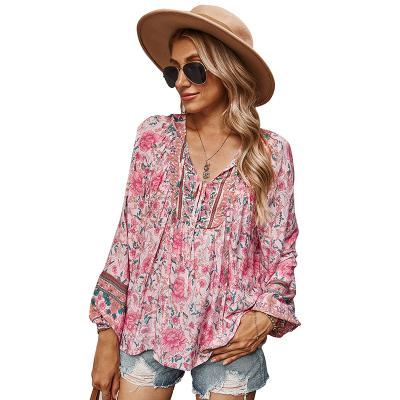 China Anti-wrinkle 2021 Spring Autumn Ethnic Style Shirt Bohemian Elegant Long Sleeve Blouses For Ladies Women Shirts for sale