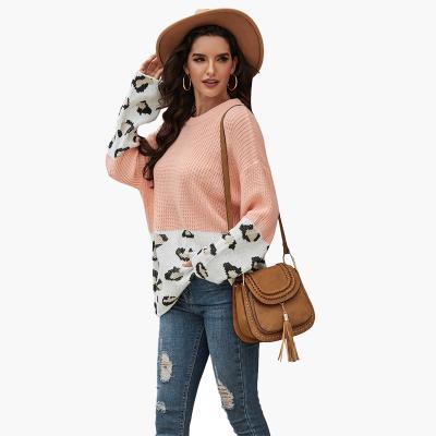 China Breathable Ladies Knitted Sweater Crew Neck Sleeve Shirt Pullover Sweater Long Casual Loose Leopard Color for sale