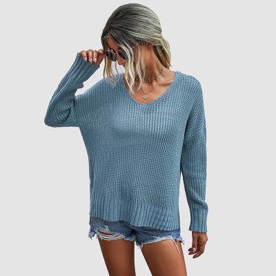 China Spring Breathable V-Neck Woven Solid Color Loose Pullover Knit Women's Sweater for sale