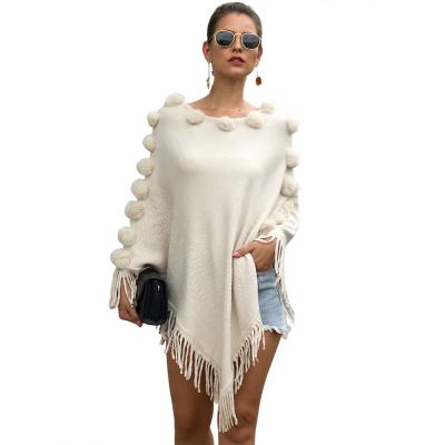 China Anti-wrinkle autumn and winter fringe crochet sweaters women fringe shawl hair ball sweater for sale