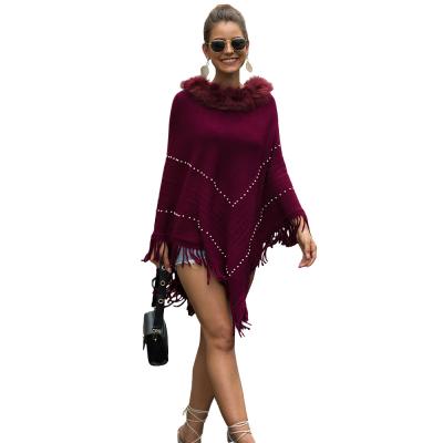 China Quality Anti-Wrinkle Butterfly Sleeve Crewneck Acrylic Bead Beading Tassel Sweater Poncho For Woman for sale