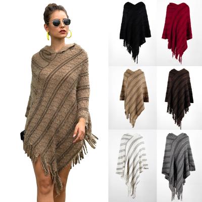 China 2021new Anti-wrinkle Diagonal Stripe Knit Hooded Tassel Poncho Ladies Sweater Cloak Cloak Shawl Tops for sale