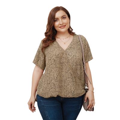 China 2021 New Arrival QUICK DRY Summer V-neck Loose Fit Leopard Printing Polyester Women's Short Sleeve Blouse for sale