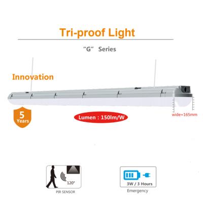 China Warehouse Product Praise Backup Power Global Adjustable Batten Waterproof PIR SENSOR Led Tube Tri-proof Light for sale