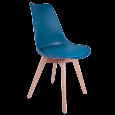 China Simple Design Restaurant Furniture Modern Blue Economic Wooden Legs PP Wooden Plastic Dining Chairs With PU Cushion for sale