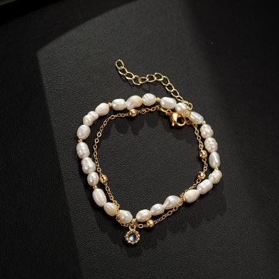 China FASHIONABLE gold plated stainless steel jewelry baroque beads bracelet chain Pulsera de perla double layer gold plated bead bracelets for sale