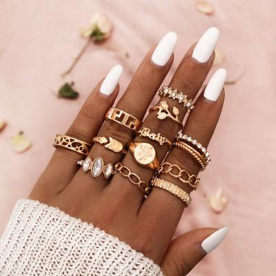 China Minimalist 12pcs Ring Set Flower Star Crystal Rose For Woman Gold Plated Link Chain Flower Star Knuckle Ring Gold Plated Rings Boho for sale