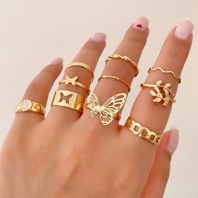 China Fashion Vermeil Cavity Love Butterfly Rings Minimalist Simple Elegant Daily Gold Plated Simple Women Solid Jewelry Rings Set For Girls for sale