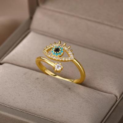 China Evil Eye Minimalist Fashion Crystal Fashion Finger Ring Open Evil Eye Womens 18k Gold Plated Custom Adjustable Ring Devil Eye Rings Jewelry for sale