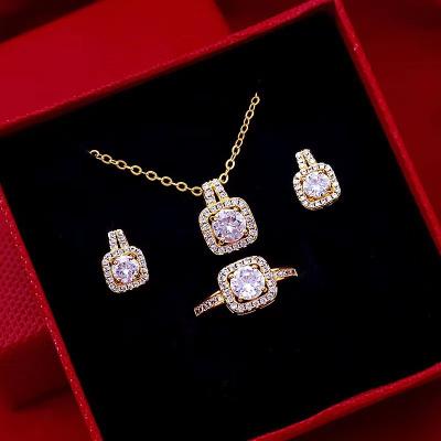 China FASHIONABLE Wholesale Glitter Cushion Cut Earrings Ring Set Gold Plated Cz Diamond Bridal Wedding Jewelry Zircon Necklace Set for sale