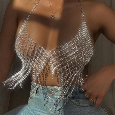 China TRENDY Bling Crystal Rhinestone Gemstone Sequin Nightclub Queen Tassel Beach Bra Bikini Body Chain for sale