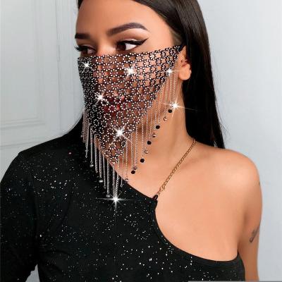 China Simple European Retro Rhinestone Tassel Party Mask Bling Sequin Head Chain Face Mask With Diamond Metal Tassel Jewelry Face Cover for sale