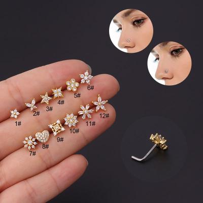 China Stainless Steel Punk Heart L Shape Nose Piercing Jewelry Zircon Star Heart Nose Studs Cross Nose Ring Piercing Jewelry for sale