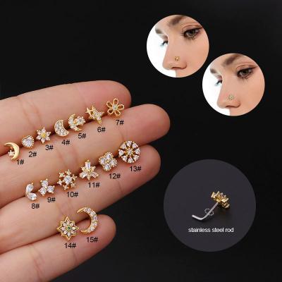 China Punk Gold Plated Stainless Steel Punk Nose Rings Stud Nose Piercing Nose Ring Piercing Jewelry CZ Heart Moon Jewelry for sale