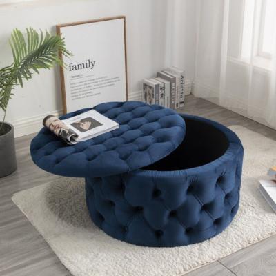 China Blue Foldable Round Seated Fabric Stool Velvet Ottoman Sneaks Storage Pouf for sale