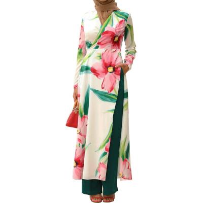 China Breathable Foma Ab 042 2 Piece Women Islamic Clothing Abaya Malaysian Indonesian Muslim Two Pants Set Floral Print Slit Dress And Pants - Buy Now for sale